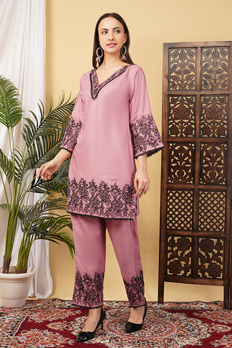Dusty Rose Pink with black contrast embroidery
